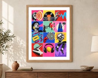 Muziekcollageprint - Zichtbaar geluid, surrealistisch vinyl en pianopop-art raster, A2 digitale download