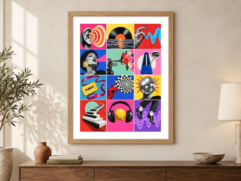 K&ouml;nnte beinhalten: Ein gerahmter Wandkunstdruck mit einem Raster aus zw&ouml;lf bunten surrealistischen Collagen. Die Bilder zeigen eine Schallplatte, eine Kassette, einen Discokugel-Kopf, eine Zitrone mit Kopfh&ouml;rern, Klaviertasten, eine Trompete mit Blumen und ein Ohr.