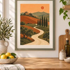 K&ouml;nnte beinhalten: Ein gerahmter Kunstdruck mit einer Landschaftsillustration eines gewundenen Feldwegs, der durch h&uuml;gelige Landschaften, Zypressen und ein kleines Haus unter einem warmen, orangefarbenen Sonnenuntergangshimmel f&uuml;hrt. Der Rahmen ist olivgr&uuml;n.