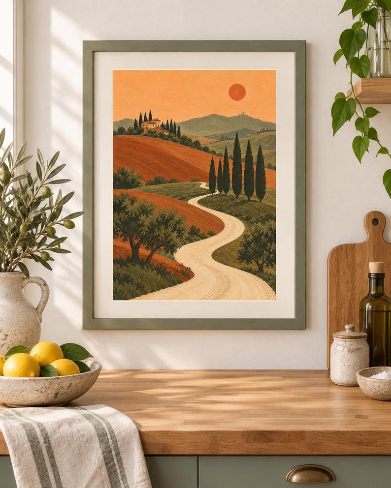 K&ouml;nnte beinhalten: Ein gerahmter Kunstdruck mit einer Landschaftsillustration eines gewundenen Feldwegs, der durch h&uuml;gelige Landschaften, Zypressen und ein kleines Haus unter einem warmen, orangefarbenen Sonnenuntergangshimmel f&uuml;hrt. Der Rahmen ist olivgr&uuml;n.