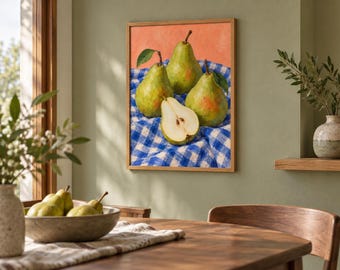 Poire et lin bleu – Nature morte de cuisine, format A3 à télécharger