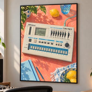 May include: A Roland TR-727 Rhythm Composer drum machine with a cream-coloured chassis, blue accents, and a digital display. The device features multiple sliders, buttons, and a tempo knob, set against a vibrant coral background with a lemon.