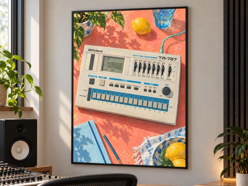 May include: A Roland TR-727 Rhythm Composer drum machine with a cream-coloured chassis, blue accents, and a digital display. The device features multiple sliders, buttons, and a tempo knob, set against a vibrant coral background with a lemon.