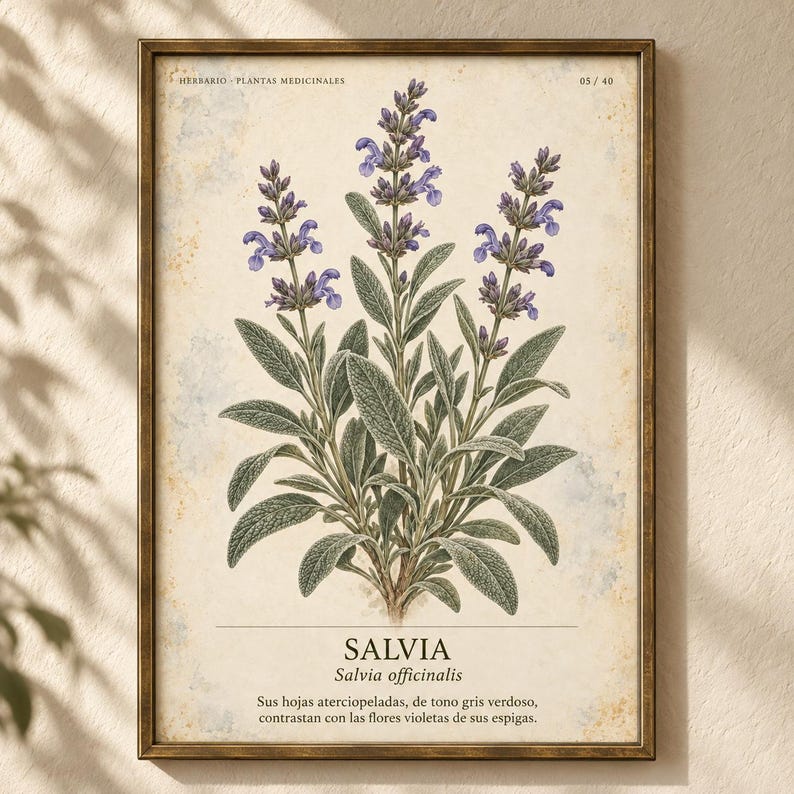 Op de afbeelding: Een ingelijste botanische print met een gedetailleerde illustratie van een Salvia-plant met paarse bloemen en groene bladeren. De tekst luidt HERBARIO PLANTAS MEDICINALES 05/40, SALVIA, Salvia officinalis en een beschrijving in het Spaans.