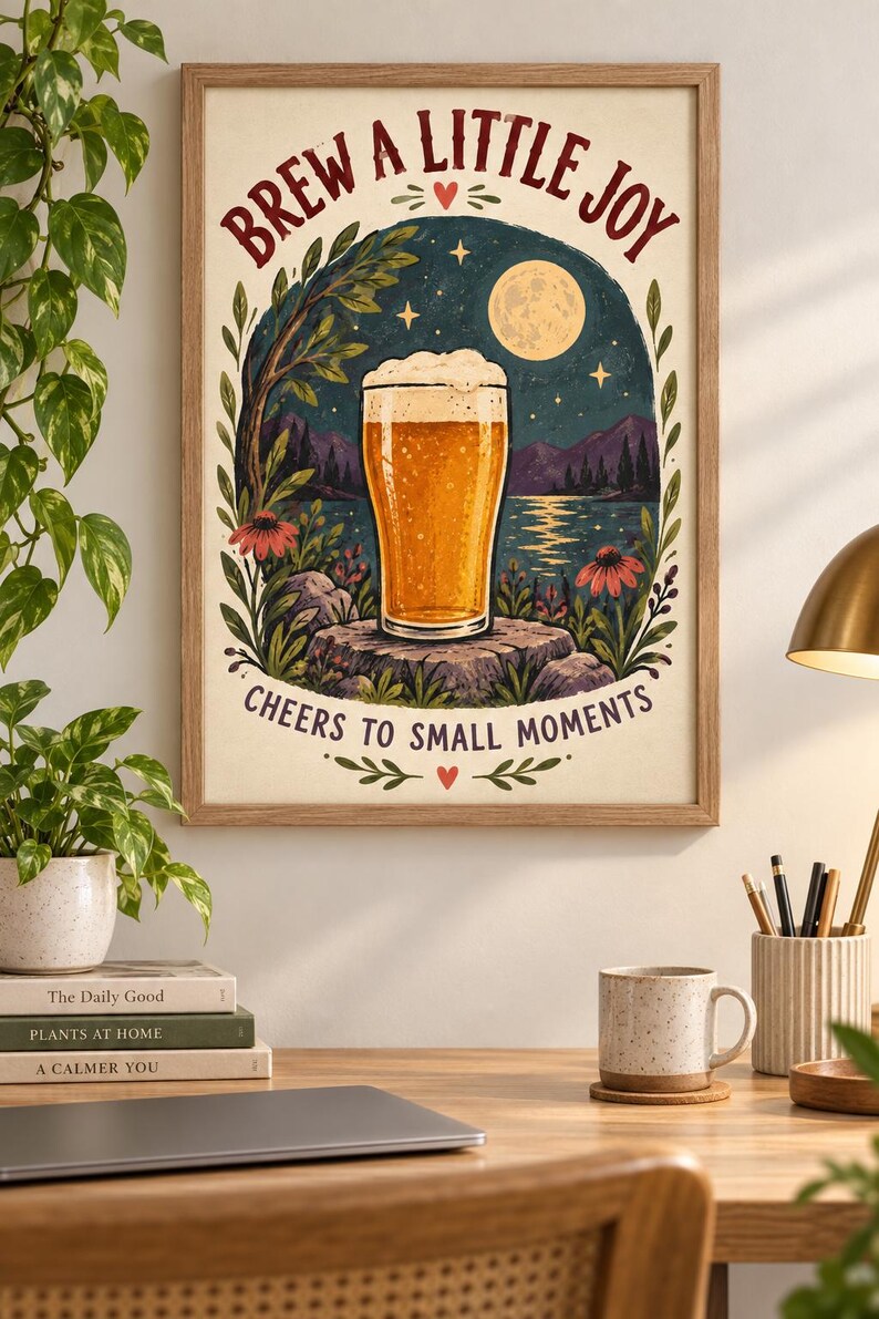 May include: A framed wall art print featuring a glass of beer on a rock, set against a night landscape with a full moon, mountains, and a lake. The text reads BREW A LITTLE JOY and CHEERS TO SMALL MOMENTS in dark red lettering on a cream background.