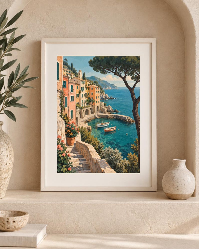 May include: A framed vertical art print depicting a coastal Mediterranean village with pastel-coloured buildings, stone stairs, and vibrant flowers leading down to a turquoise bay with two small boats floating on the water under a clear blue sky.