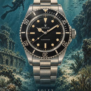 Op de afbeelding: Een roestvrijstalen Rolex Submariner polshorloge met een zwarte wijzerplaat, lichtgevende uurmarkeringen en een draaibare ring. De wijzerplaat toont het Rolex-logo en de tekst Submariner. Onder het horloge staat ROLEX SUBMARINER 1953.