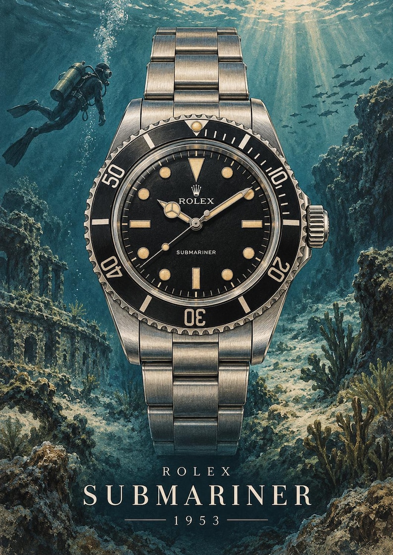 Op de afbeelding: Een roestvrijstalen Rolex Submariner polshorloge met een zwarte wijzerplaat, lichtgevende uurmarkeringen en een draaibare ring. De wijzerplaat toont het Rolex-logo en de tekst Submariner. Onder het horloge staat ROLEX SUBMARINER 1953.