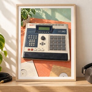 Pu&ograve; includere: Una stampa incorniciata raffigurante un centro di produzione musicale Akai MPC60 con involucro grigio chiaro, pannelli di controllo blu scuro, schermo nero e una griglia di pad in gomma quadrati su uno sfondo arancione vivace.