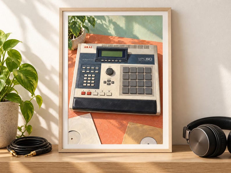 Pu&ograve; includere: Una stampa incorniciata raffigurante un centro di produzione musicale Akai MPC60 con involucro grigio chiaro, pannelli di controllo blu scuro, schermo nero e una griglia di pad in gomma quadrati su uno sfondo arancione vivace.