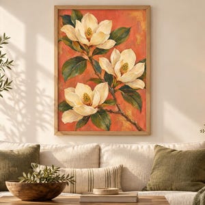 Magnolia Printable Wall Art, Cream Flowers on Coral Botanical Poster, A2 Digital Download image 2