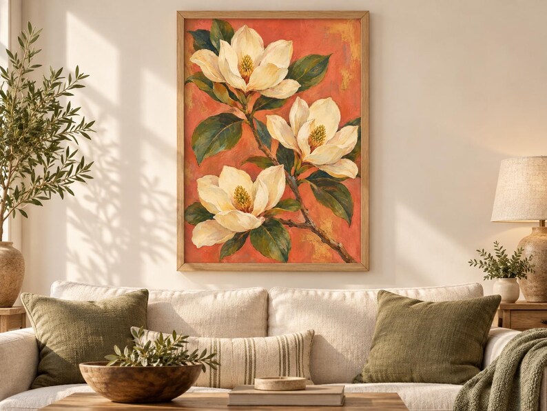 Magnolia Printable Wall Art, Cream Flowers on Coral Botanical Poster, A2 Digital Download image 2