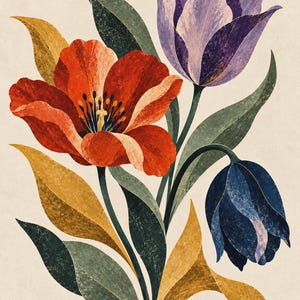 May include: A botanical illustration featuring three tulips with textured petals in shades of vibrant red, soft purple, and deep navy blue. The flowers are accompanied by elongated green and golden-yellow leaves, all set against a neutral cream background.