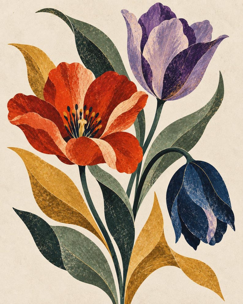 May include: A botanical illustration featuring three tulips with textured petals in shades of vibrant red, soft purple, and deep navy blue. The flowers are accompanied by elongated green and golden-yellow leaves, all set against a neutral cream background.