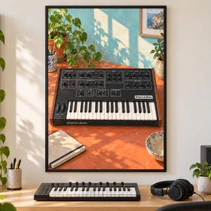 Pode incluir: Uma impressão de arte de parede emoldurada apresentando um sintetizador analógico Sequential Circuits Pro-One. O instrumento de teclado preto com painéis laterais de madeira é exibido numa superfície laranja, com um caderno e uma tigela.