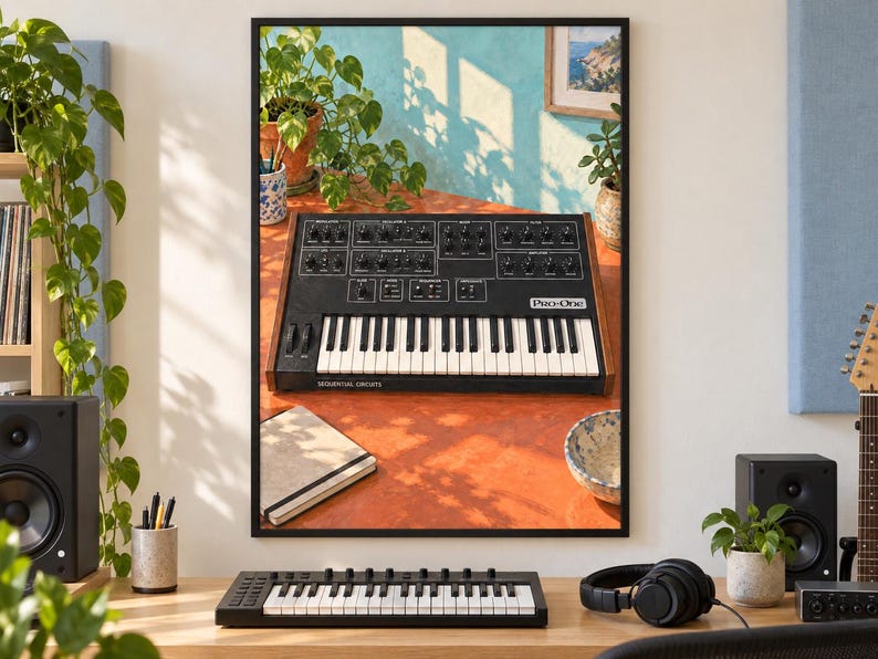 Pu&ograve; includere: Una stampa artistica da parete incorniciata raffigurante un sintetizzatore analogico Sequential Circuits Pro-One. Lo strumento a tastiera nero con pannelli laterali in legno &egrave; esposto su una superficie arancione, con un taccuino e una ciotola.