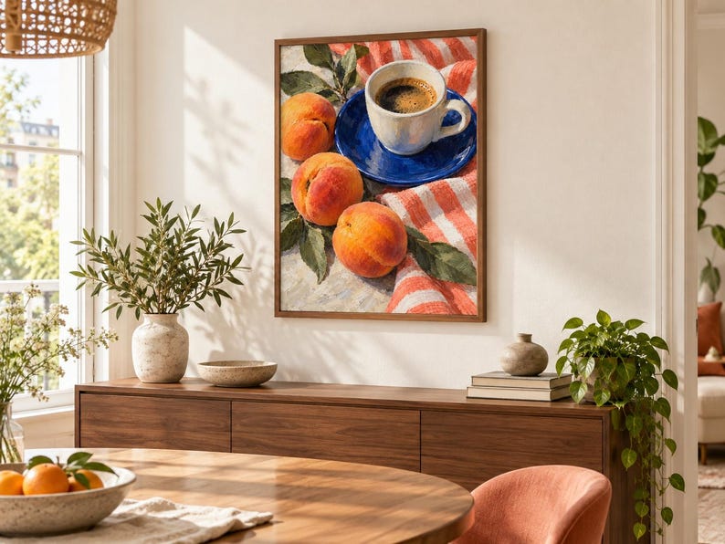 May include: A framed wall art print featuring a still life composition of three ripe orange peaches with green leaves, a white ceramic coffee cup filled with dark coffee, and a vibrant blue saucer resting on a red and white striped fabric cloth.