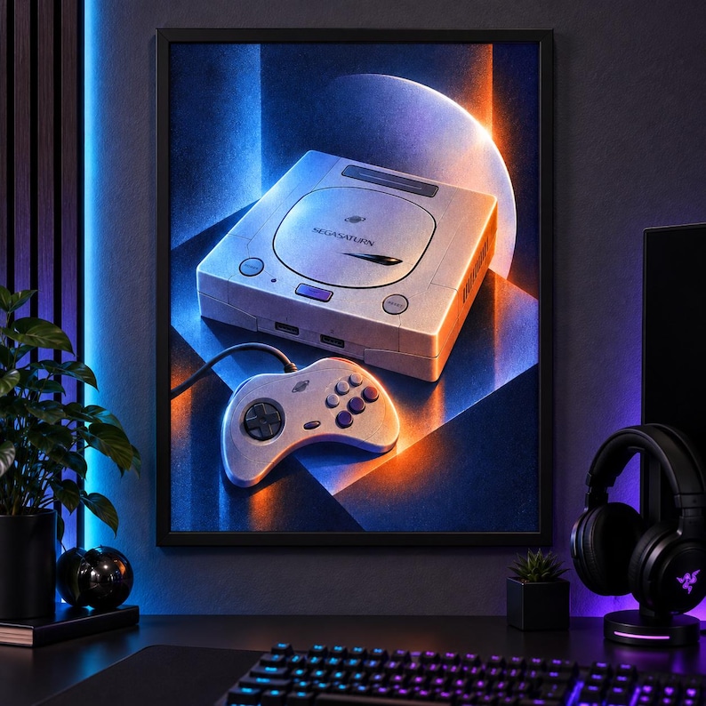 May include: A framed wall art print featuring a Sega Saturn game console and a matching controller. The console is light grey with the Sega Saturn logo, and the controller has a circular D-pad and six buttons. The scene uses blue and orange lighting.