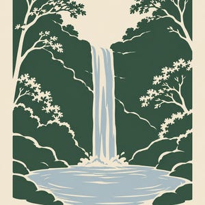 K&ouml;nnte beinhalten: Ein grafischer Kunstdruck, der einen Wasserfall zeigt, der in ein Becken st&uuml;rzt, eingerahmt von dunkelgr&uuml;nen, stilisierten B&auml;umen und Blattwerk vor einem cremefarbenen Hintergrund. Das Wort LEITRIM steht in dunkelgr&uuml;nen Gro&szlig;buchstaben unten.