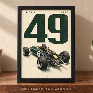 May include: A framed poster featuring a vintage green and yellow Lotus 49 race car from 1967. The design includes the large dark green text 49 at the top, the word LOTUS, the year 1967, and a detailed illustration of the open-wheel race car.