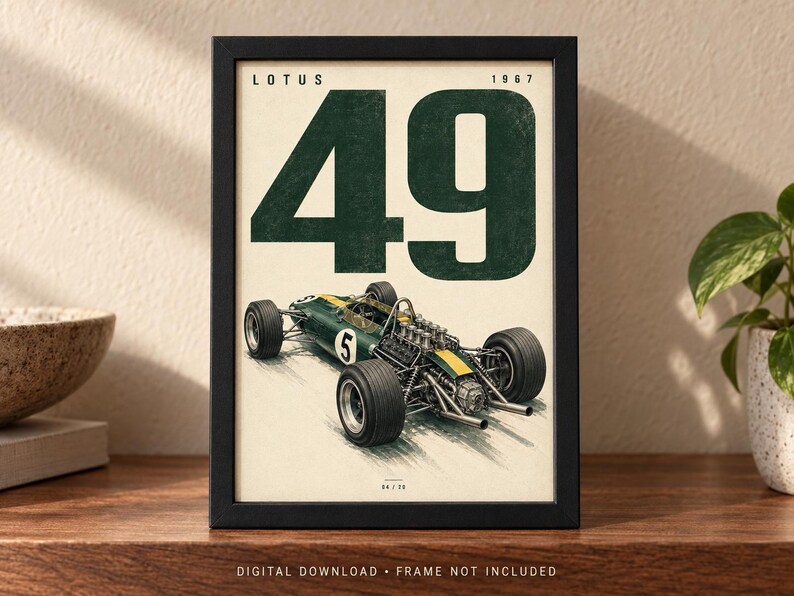 May include: A framed poster featuring a vintage green and yellow Lotus 49 race car from 1967. The design includes the large dark green text 49 at the top, the word LOTUS, the year 1967, and a detailed illustration of the open-wheel race car.