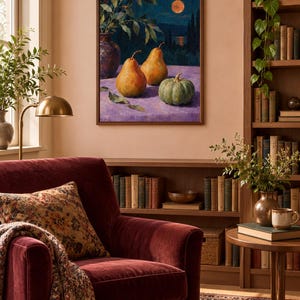 May include: A framed oil painting depicting a still life scene with two yellow pears, a green pumpkin, and a dark vase with leafy branches on a purple surface, set against a night landscape featuring a glowing orange moon over a dark horizon.
