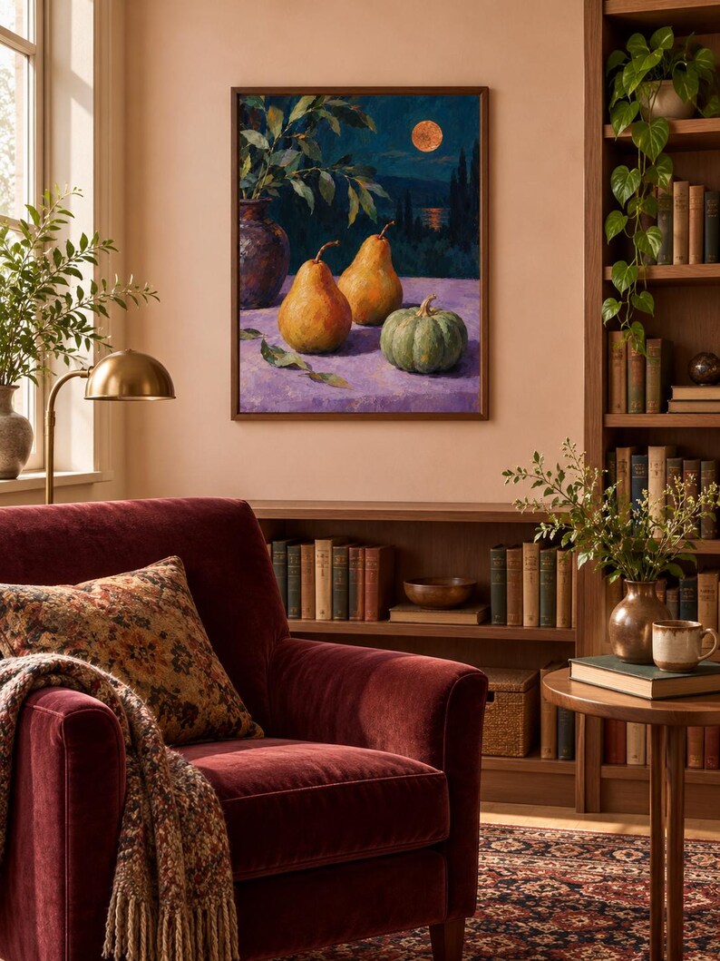 May include: A framed oil painting depicting a still life scene with two yellow pears, a green pumpkin, and a dark vase with leafy branches on a purple surface, set against a night landscape featuring a glowing orange moon over a dark horizon.