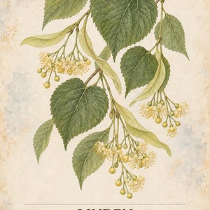 Puede incluir: Una ilustraci&oacute;n bot&aacute;nica de una rama de tilo con hojas verdes en forma de coraz&oacute;n y racimos de flores amarillo p&aacute;lido unidas a br&aacute;cteas largas de color verde claro. El texto dice HERBARIUM MEDICINAL PLANTS 10 / 40, LINDEN, Tilia cordata.