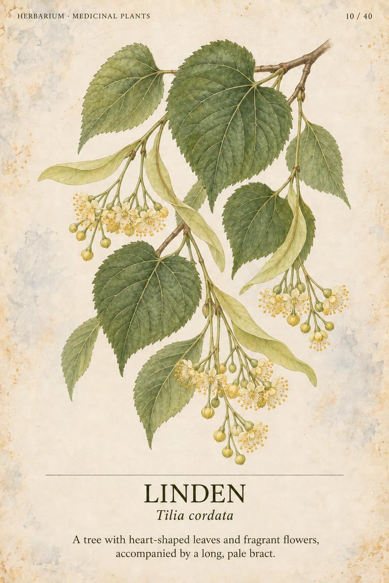Puede incluir: Una ilustraci&oacute;n bot&aacute;nica de una rama de tilo con hojas verdes en forma de coraz&oacute;n y racimos de flores amarillo p&aacute;lido unidas a br&aacute;cteas largas de color verde claro. El texto dice HERBARIUM MEDICINAL PLANTS 10 / 40, LINDEN, Tilia cordata.