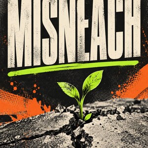 May include: A graphic print featuring the word MISNEACH in large white letters above a bright green horizontal line. Below the line, a small green plant sprouts from a crack in dark, textured ground, accented by orange and black halftone details.