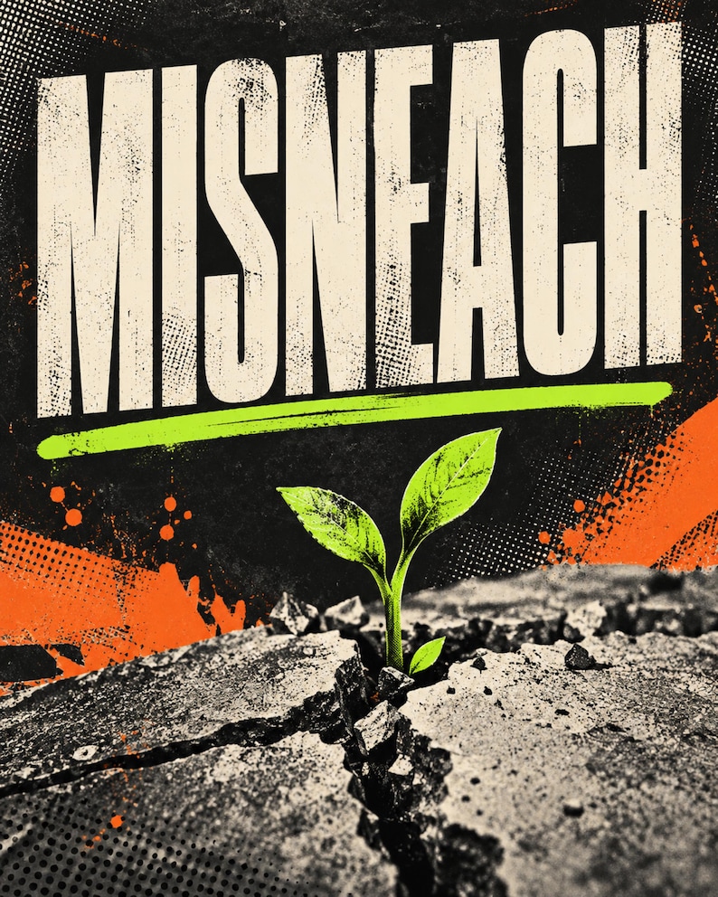 May include: A graphic print featuring the word MISNEACH in large white letters above a bright green horizontal line. Below the line, a small green plant sprouts from a crack in dark, textured ground, accented by orange and black halftone details.