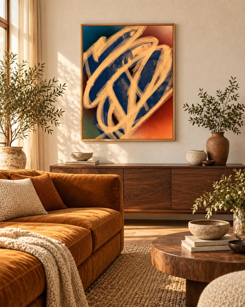 May include: A rectangular framed wall art piece featuring abstract, thick, sweeping brushstrokes in a light cream colour layered over a deep navy blue and burnt orange background, displayed in a wooden frame with a clean, simple border design.