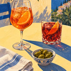 May include: An orange cocktail in a stemmed glass and a dark red cocktail in a crystal tumbler, both with orange slices and ice. A small white bowl with blue painted details contains green olives, next to a white napkin with blue stripes.