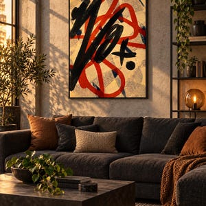 May include: A rectangular wall art piece featuring bold, abstract black brushstrokes and vibrant red looping lines layered over a textured, light-colored background, all enclosed within a thin, dark, minimalist frame.