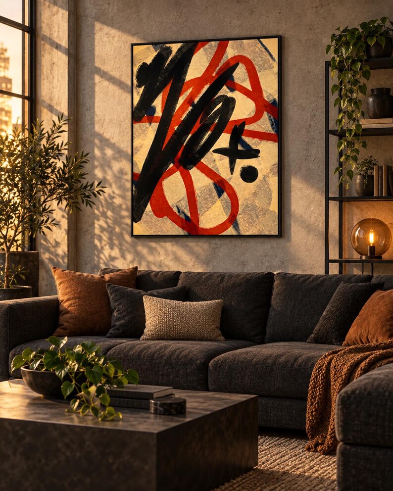 May include: A rectangular wall art piece featuring bold, abstract black brushstrokes and vibrant red looping lines layered over a textured, light-colored background, all enclosed within a thin, dark, minimalist frame.