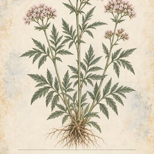 K&ouml;nnte beinhalten: Ein botanischer Druck einer Baldrianpflanze mit hohen gr&uuml;nen St&auml;ngeln, gefiederten Bl&auml;ttern und B&uuml;scheln kleiner rosa Bl&uuml;ten. Die Wurzeln sind an der Basis sichtbar. Der Text lautet HERBARIUM MEDICINAL PLANTS 08 / 40, VALERIAN Valeriana officinalis.