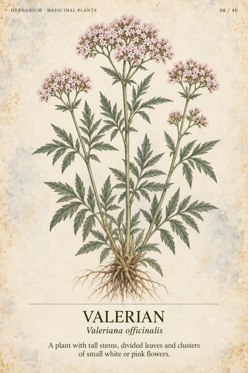 K&ouml;nnte beinhalten: Ein botanischer Druck einer Baldrianpflanze mit hohen gr&uuml;nen St&auml;ngeln, gefiederten Bl&auml;ttern und B&uuml;scheln kleiner rosa Bl&uuml;ten. Die Wurzeln sind an der Basis sichtbar. Der Text lautet HERBARIUM MEDICINAL PLANTS 08 / 40, VALERIAN Valeriana officinalis.