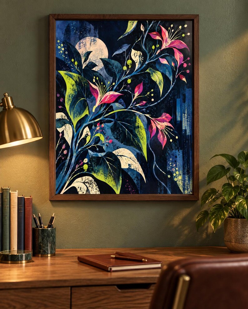 May include: A framed wall art print featuring a dark blue nocturnal scene with a pale moon, vibrant pink flowers, and green foliage. The artwork displays a stylised botanical composition with deep indigo shadows and bright lime green accents.