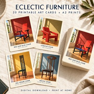 Pu&ograve; includere: Una collezione di 20 cartoline artistiche stampabili e stampe A2 intitolata ECLECTIC FURNITURE. Le carte presentano immagini di sedie, tra cui Red and Blue Chair, Utrecht Chair, Hill House Chair e Argyle Chair con etichette.