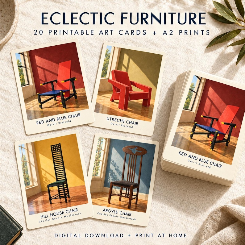 Pu&ograve; includere: Una collezione di 20 cartoline artistiche stampabili e stampe A2 intitolata ECLECTIC FURNITURE. Le carte presentano immagini di sedie, tra cui Red and Blue Chair, Utrecht Chair, Hill House Chair e Argyle Chair con etichette.