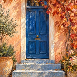 May include: A vibrant blue four-panel door set within a peach-coloured wall, featuring a gold knob and mail slot. The entrance includes three blue stone steps, a potted olive tree, and climbing vines with orange and red autumn leaves.