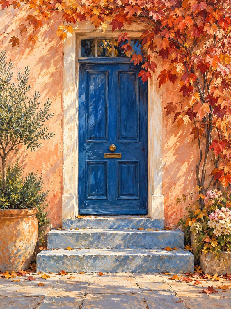 May include: A vibrant blue four-panel door set within a peach-coloured wall, featuring a gold knob and mail slot. The entrance includes three blue stone steps, a potted olive tree, and climbing vines with orange and red autumn leaves.