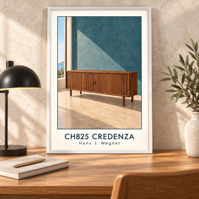 May include: A framed art print featuring a brown wooden credenza with vertical slatted doors and thin legs. The text on the print reads CH825 CREDENZA Hans J. Wegner. The credenza is set against a blue wall with sunlight casting shadows.