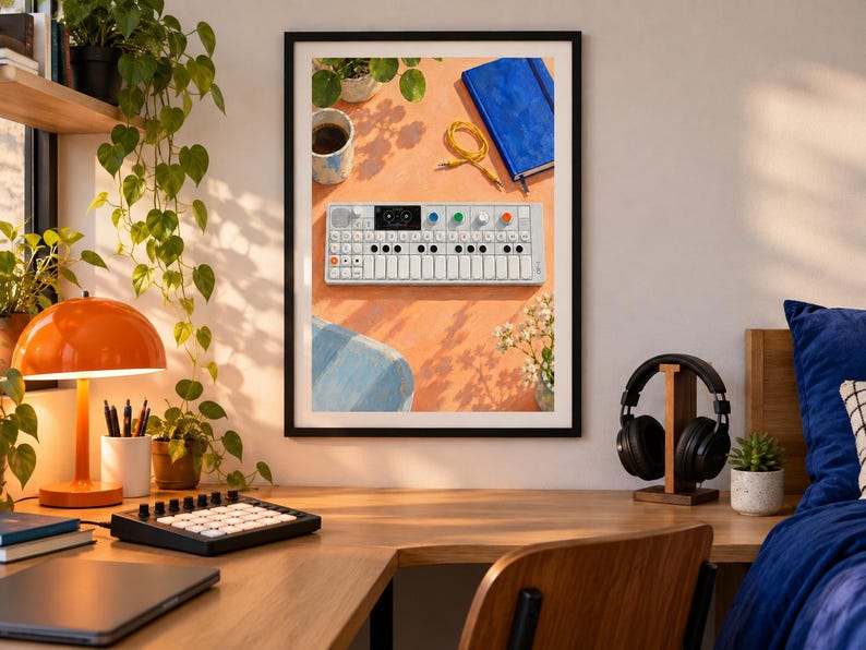 Pu&ograve; includere: Una stampa artistica da parete incorniciata che mostra una vista dall'alto di un sintetizzatore portatile bianco con manopole colorate, un taccuino blu, un cavo audio giallo e una tazza su una superficie arancione, esposta in una stanza con scrivania, lampada e cuffie.