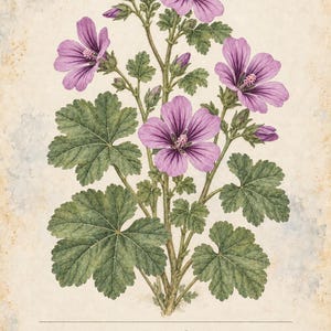 Op de afbeelding: Een botanische illustratie van een kaasjeskruidplant met paars-roze bloemen en groene gelobde bladeren op een cr&egrave;mekleurige achtergrond. De tekst luidt HERBARIUM MEDICINAL PLANTS 27 / 40, MALLOW Malva sylvestris, en Its pink flowers, traced with dark veins, stand out among rounded, lobed leaves.