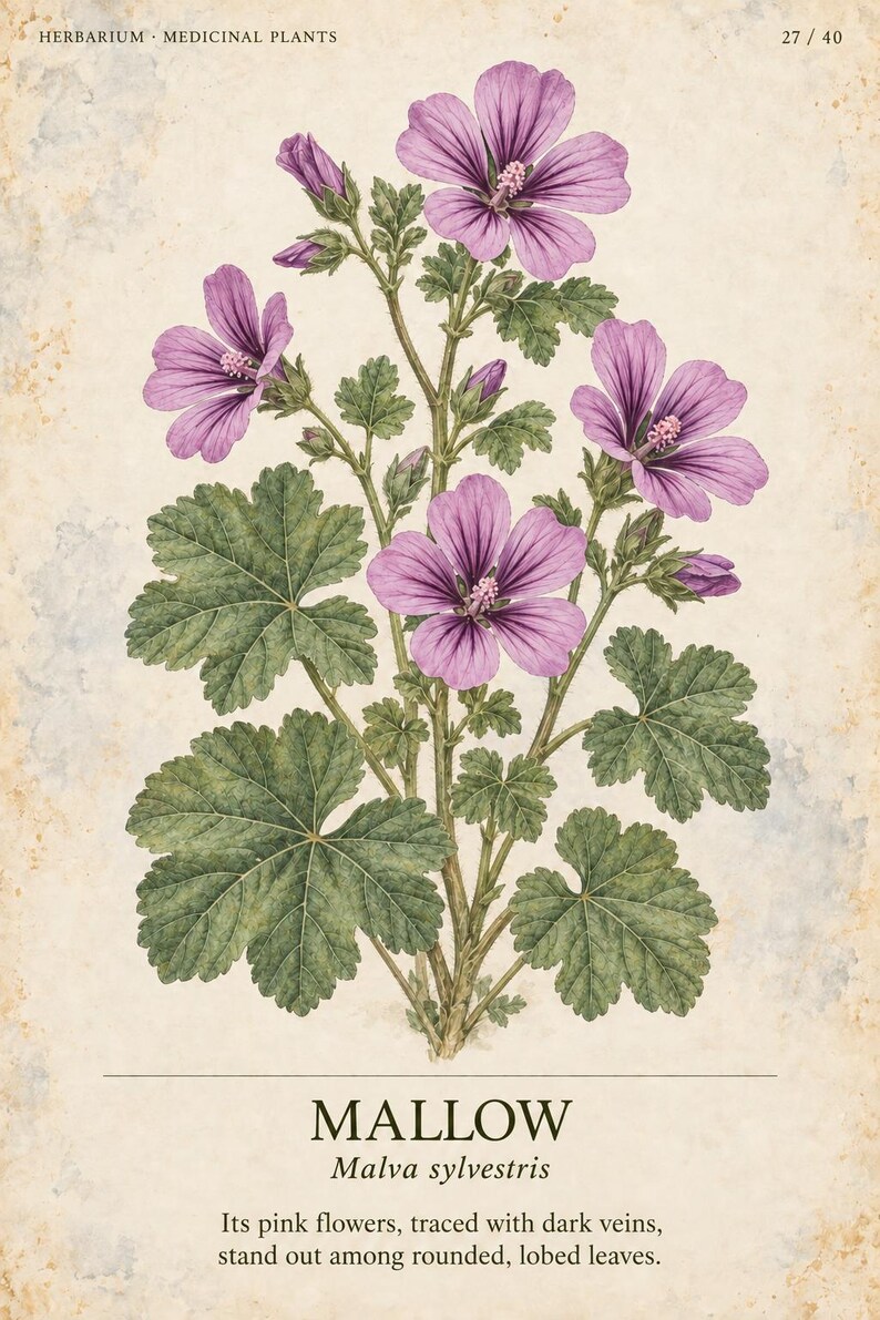 Op de afbeelding: Een botanische illustratie van een kaasjeskruidplant met paars-roze bloemen en groene gelobde bladeren op een cr&egrave;mekleurige achtergrond. De tekst luidt HERBARIUM MEDICINAL PLANTS 27 / 40, MALLOW Malva sylvestris, en Its pink flowers, traced with dark veins, stand out among rounded, lobed leaves.