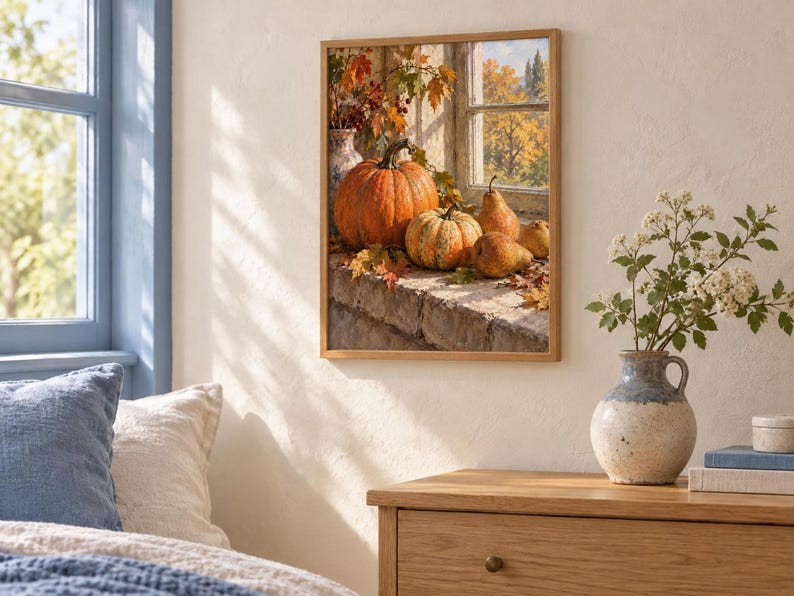 May include: A rectangular wall art print in a light wood frame depicting a still life scene of a large orange pumpkin, a smaller striped pumpkin, and several pears resting on a stone ledge with autumn leaves and a view of trees outside.