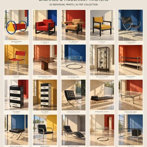 K&ouml;nnte beinhalten: Eine digitale Sammlung mit dem Titel BAUHAUS & MODERNIST MASTERS 20 INDIVIDUAL PRINTS | A2 PDF COLLECTION, die ein Raster aus zwanzig M&ouml;beldesigns zeigt, darunter St&uuml;hle, Tische, Schr&auml;nke und eine Wiege, jeweils vor farbenfrohen architektonischen Hintergr&uuml;nden.