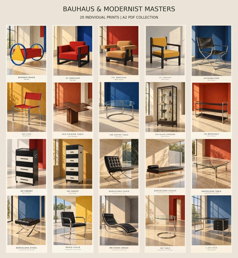 K&ouml;nnte beinhalten: Eine digitale Sammlung mit dem Titel BAUHAUS & MODERNIST MASTERS 20 INDIVIDUAL PRINTS | A2 PDF COLLECTION, die ein Raster aus zwanzig M&ouml;beldesigns zeigt, darunter St&uuml;hle, Tische, Schr&auml;nke und eine Wiege, jeweils vor farbenfrohen architektonischen Hintergr&uuml;nden.