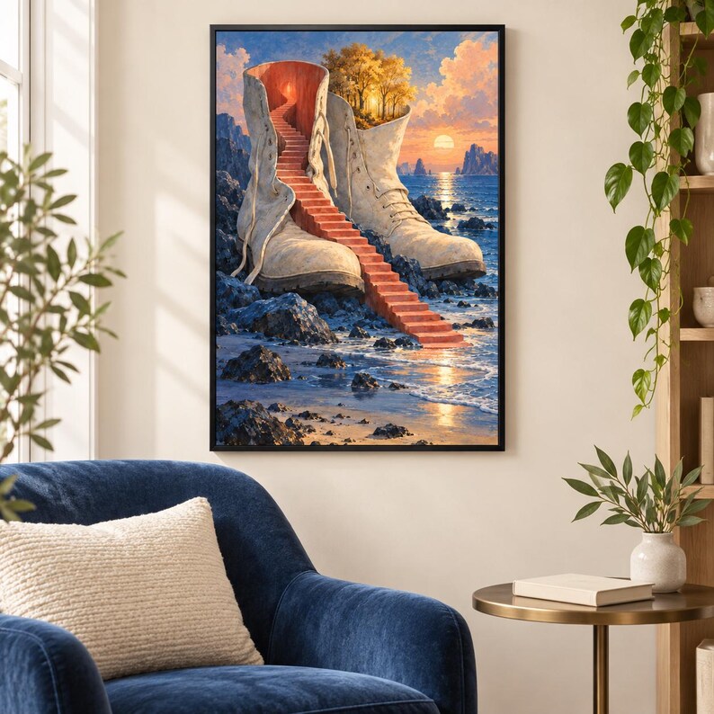 May include: A framed wall art print depicting a surreal landscape where a giant, weathered white boot sits on a rocky shoreline. A staircase of red bricks leads from the water up into the boot, which contains a small forest under a sunset sky.